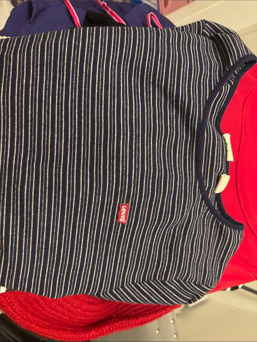 Levi's Navy and White Striped Tee with Red Logo